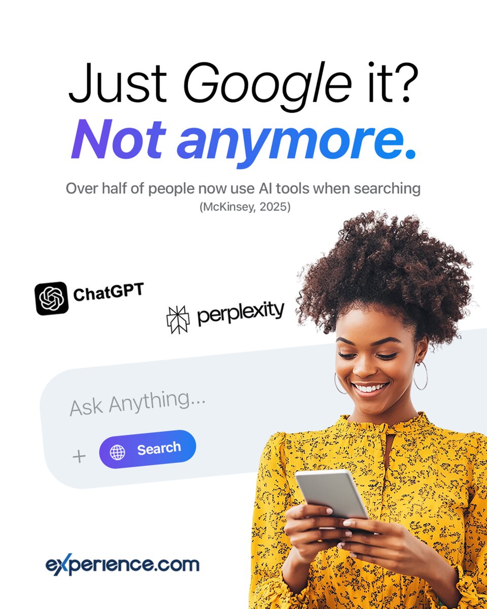 experience__com's tweet image. Crazy to think a year ago we were still saying ‘Just Google it.’

Search isn’t just Google anymore — over half of people now use AI tools like ChatGPT to find services.
#LocalSearch #AISearch