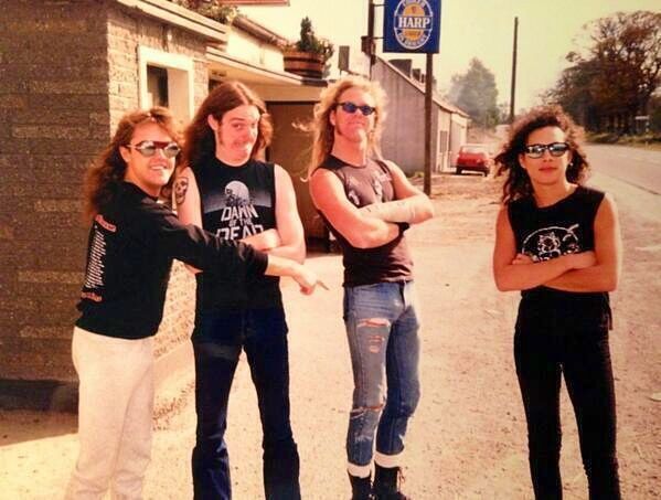 crockpics's tweet image. Metallica outside The Crow's Nest pub (formerly known as The Crowing Cock) in Kilsaran, County Louth, Ireland. This picture was taken just two weeks before the tragic death of bassist Cliff Burton in a bus crash in Sweden.