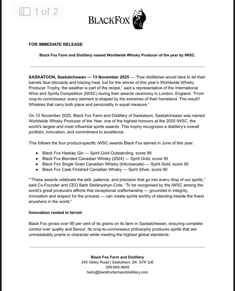 saskaggrads's tweet image. From our alumni who have had the pleasure of sampling @BlackFoxSpirits during past SAGA reunions this does not surprise us. 

Great Sask success story. Congratulations to the whole team.

Proud of our fellow alumni.