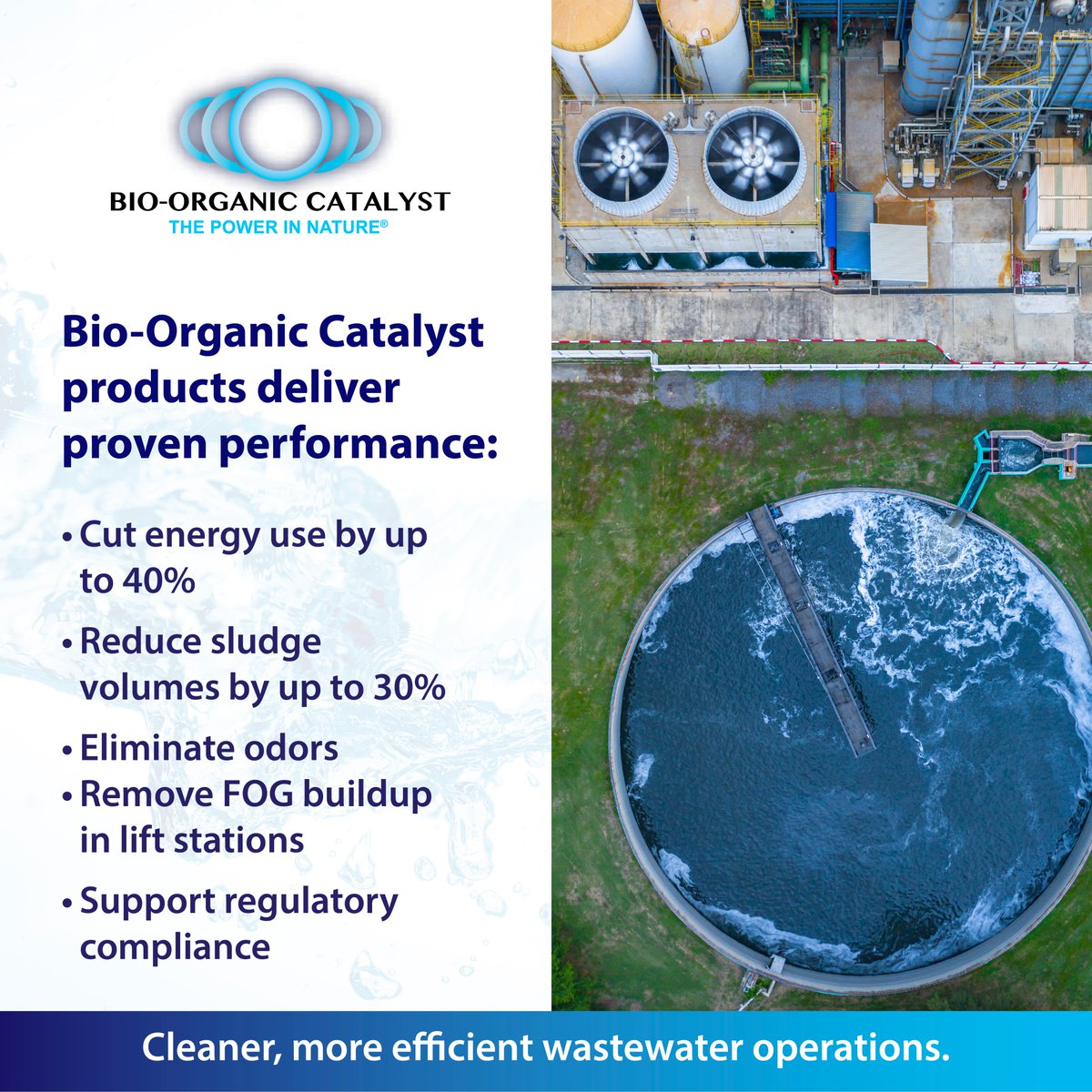BioCata's tweet image. BOC products deliver proven results in wastewater operations, cutting energy use up to 40%, reducing sludge up to 30%, eliminating odors &amp;amp; clearing FOG buildup while supporting regulatory compliance. Info: bio-organic.com/wastewater-tre… #Wastewater #Sustainability #EnvironmentalTech
