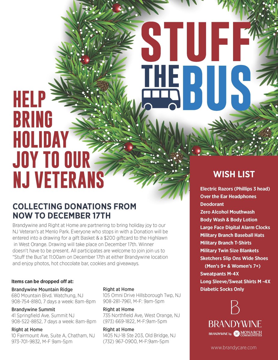 RightatHomeNJ's tweet photo. Join Right at Home and Brandywine in supporting Veterans this holiday! Drop off donations at our office or partner locations by Dec 17th. Enter to win a gift basket &amp; gift card! 🎁🎄#Veterans #HomeCare Brandywine Summit by Monarch https://t.co/T9y8tY6zWj