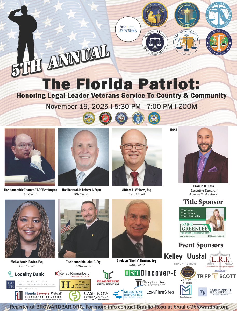 Join us Nov. 19 at 5:30 PM in the Jury Assembly Room for the live broadcast of the 5th Annual Florida Patriot Award Ceremony, honoring legal leaders who’ve served our nation. 
See it here: bit.ly/PatriotAwards2…

 #OCBA #FloridaPatriotAwards