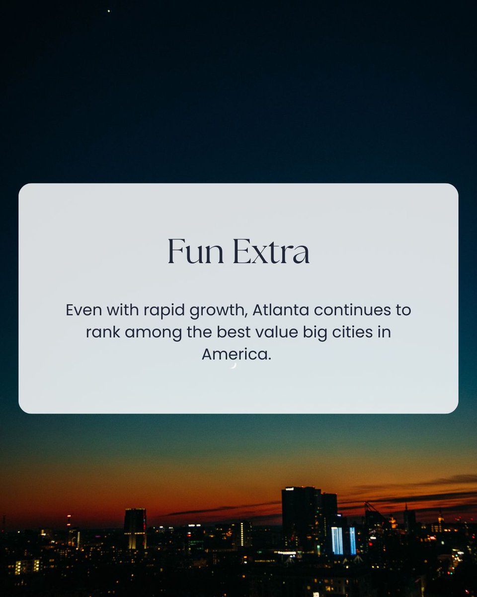 _EricaMann's tweet image. Fun Fact Friday! Atlanta offers big city perks with smaller price tags—making it one of the best-value markets in the U.S. 💸🏡

➡️ Comment &quot;VALUE&quot; if you want a list of Atlanta’s most affordable high-growth areas!

#FunFactFriday #AtlantaRealEstate #InvestSmart #AffordableLiving