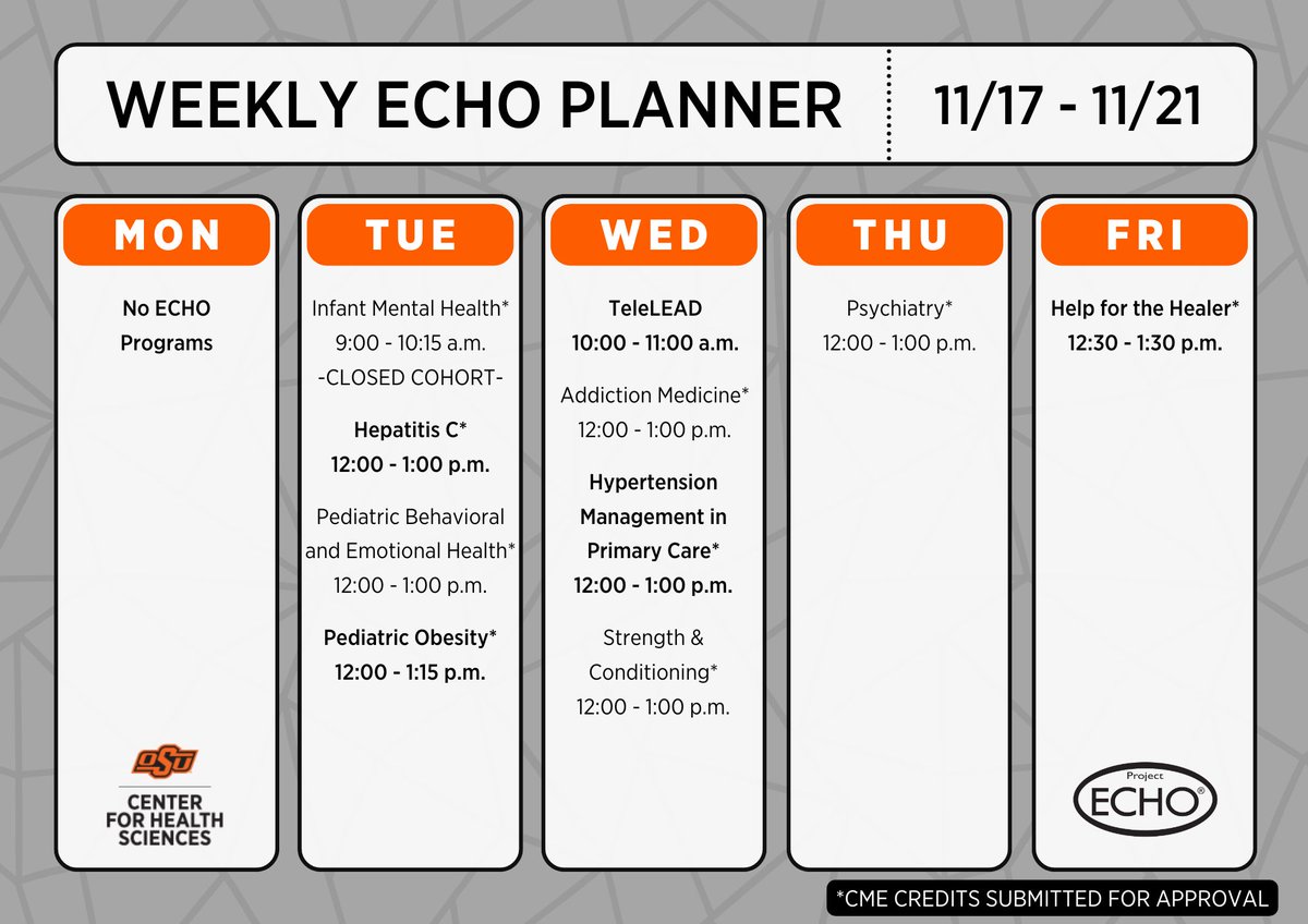 OKStateECHO's tweet image. Plan your week with Project ECHO! We can't wait to connect with you 🤩🥳

Use our one-time registration by visiting: redcap.link/OSU_ECHO_Regis…

To access our full schedule, visit our website in our profile!
.
.
.
#OSUProjectECHO #Tulsa #Oklahoma #Osu #projectecho #iecho #HPNRI