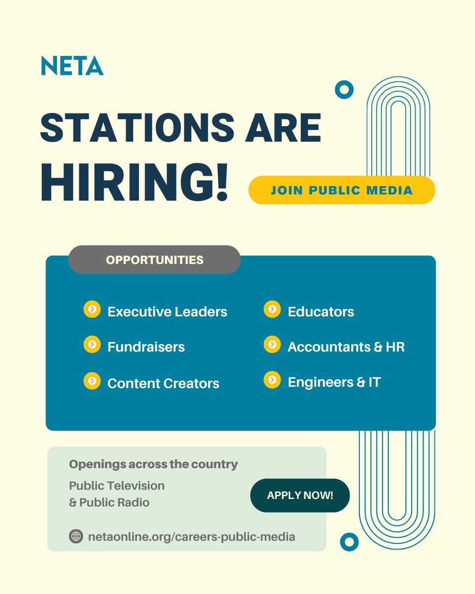 NETA_Tweets's tweet image. Looking for a meaningful career? Public media could be a perfect fit! Join a field that combines storytelling, education &amp;amp; community engagement. Find current openings at netaonline.org/careers-public….

#publicmediacareers #publicmediajobs #pubmediathires #publicmedia #pubmedia