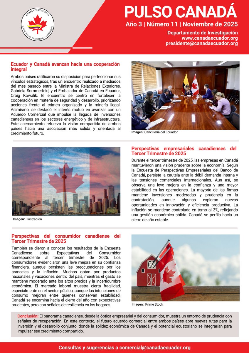 Ya disponible Pulso Canadá Noviembre 

🇪🇨🇨🇦 avanzan hacia una cooperación integral
📊 Perspectivas Empresariales y del Consumidor– 3er Trim. 2025

🔎 Un panorama prudente, pero con oportunidades para el crecimiento conjunto.

🔗 t.ly/91GsH

<a href="/Gabriel_Rovayo/">Gabriel Rovayo, PhD</a>