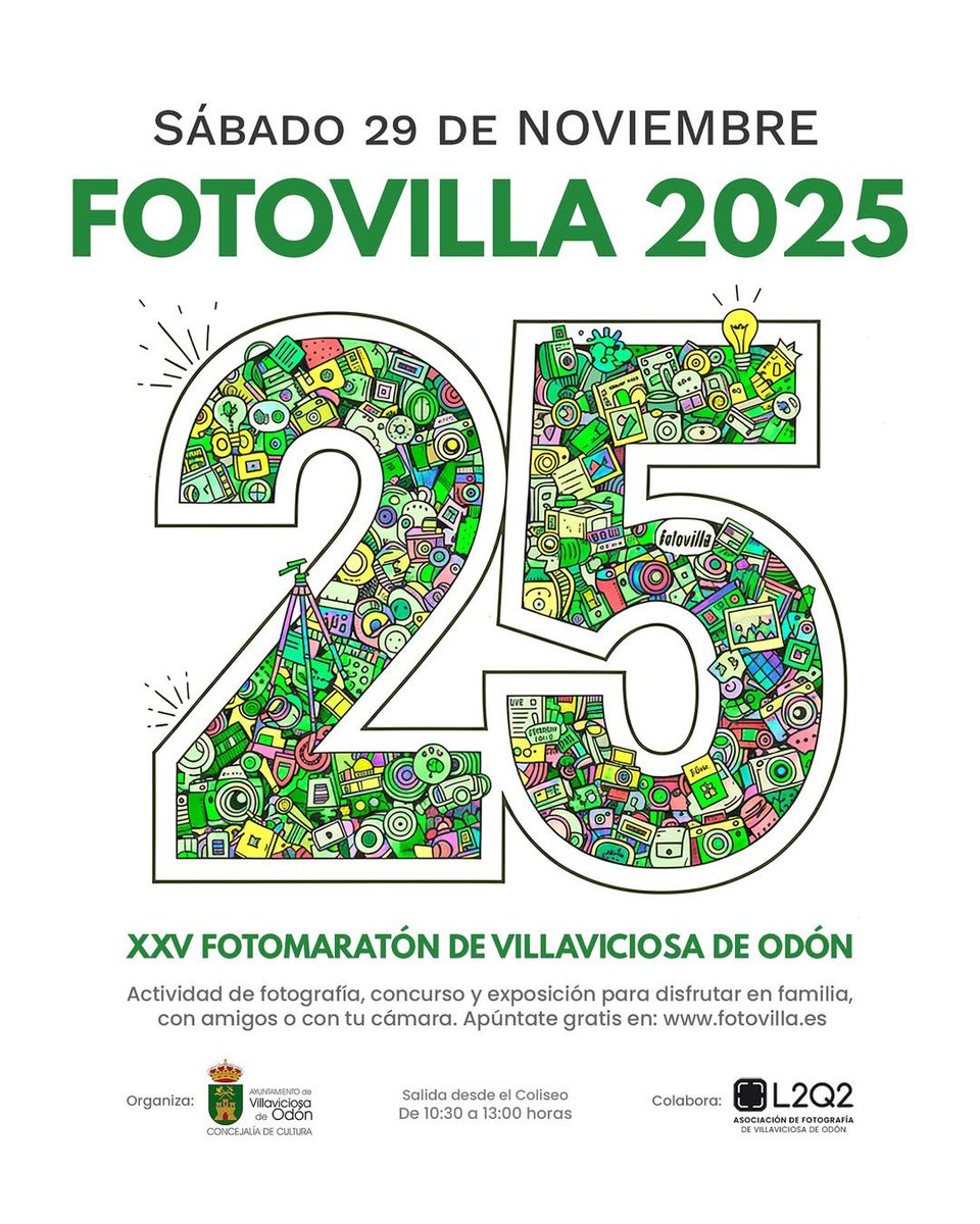 FOTOVILLA 2025 📸
25 aniversario del concurso fotográfico de <a href="/Aytovilladeodon/">Ayuntamiento de Villaviciosa de Odón</a>
en colaboración con #L2Q2
Sábado 29 de noviembre de 10:30 a 13:00 h
￼Inscripciones 👉🏼 l2q2.es/fotovilla/
#villaviciosadeodón #fotografía #concurso #fotovilla2025 #nosgustalafotografia
