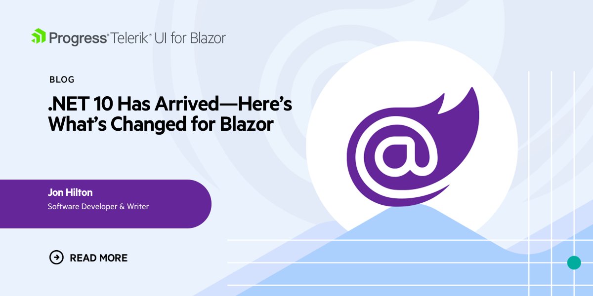 Telerik's tweet image. What&apos;s changed for #Blazor in the new #dotNET 10 release? 

Jon Hilton delivers the quick answer! He covers everything from Validation Improvements and new Metrics to new &amp;amp; updated web app security samples.

Check out the blog: prgress.co/4peb6k4