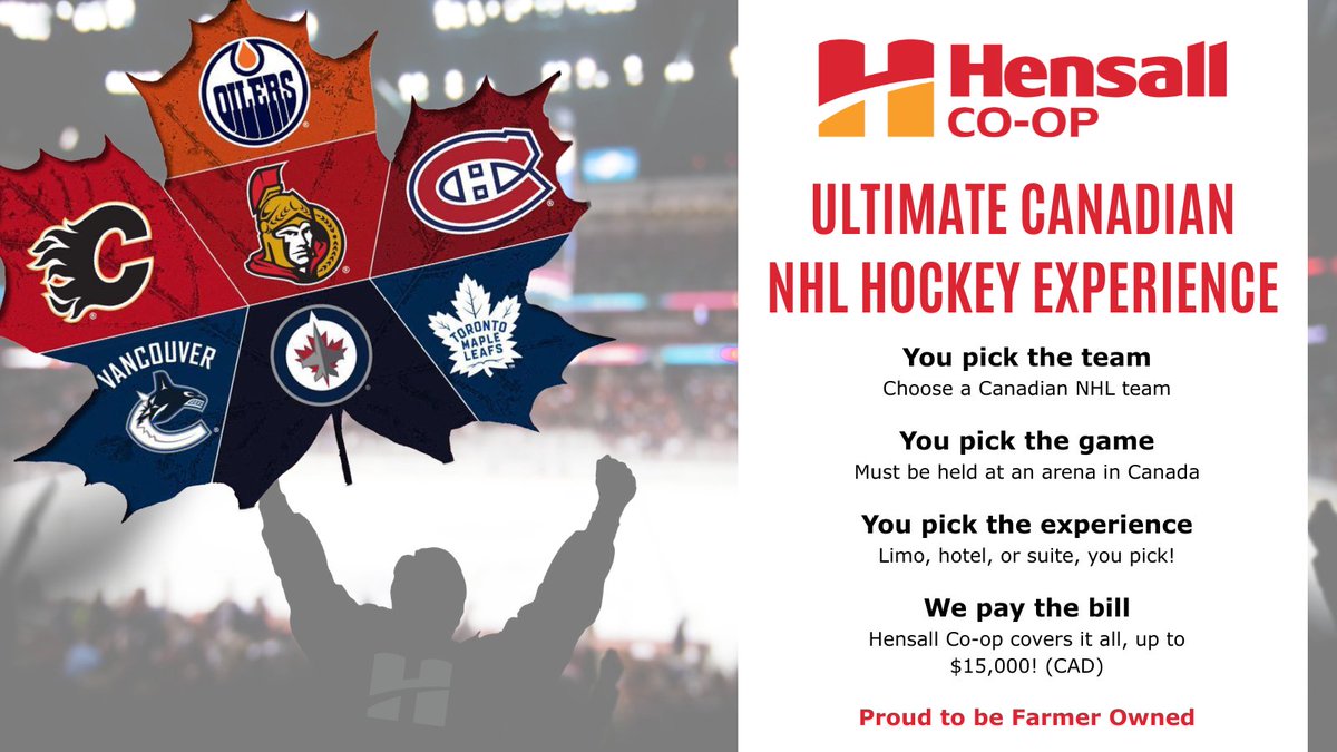 CONTEST: Ultimate Canadian NHL Hockey Experience
 
Hensall Co-op is giving you the chance to win a $15,000 NHL Experience—and the best part? You design it!
 
You pick the team, game and experience. We pay the bill.
 
Details here: conta.cc/3JfSPU6
 
#HensallCoop #NHL