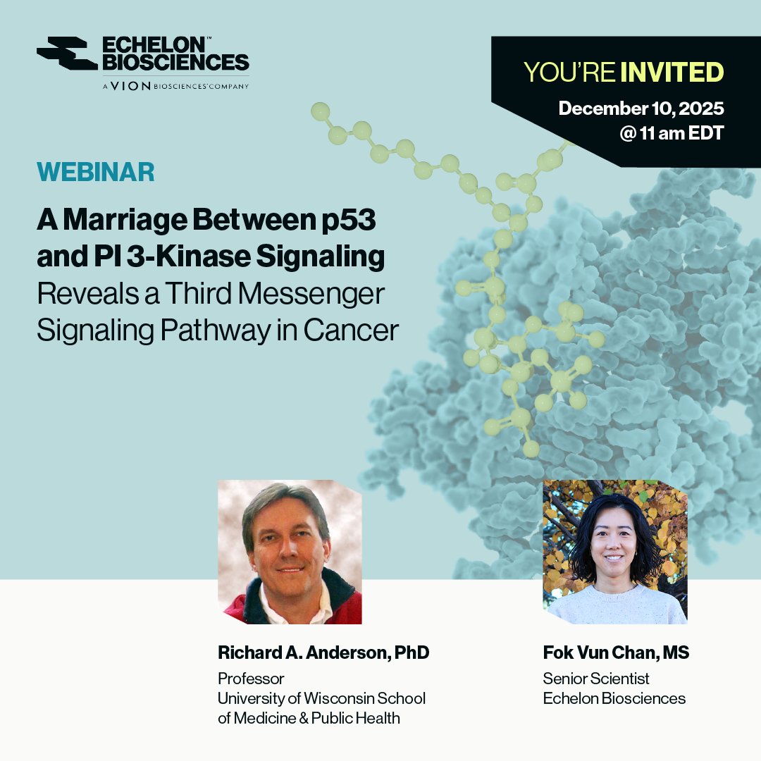 🧬 PIP Signaling Breakthroughs in Cancer Biology

Join <a href="/EchelonBio/">Echelon Biosciences</a>'s Dec 10 Webinar w/ Dr. Richard Anderson for insights on a newly uncovered signaling pathway w/implications across cancer biology.

🔗 Register: events.teams.microsoft.com/event/0bba8f8c…

#LipidSignaling #Phosphoinosities #Cancer