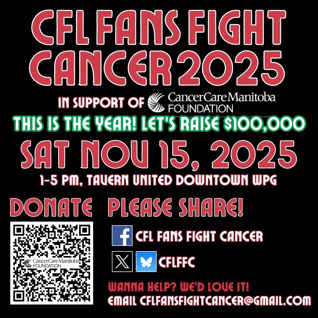 TOMORROW'S THE DAY!

Can't wait to see all y'all at Tavern United Downtown at 1 PM: cflfansfightcancer.com/2025-event

Buy 50/50 (already at 1500$!!) fundingchange.ca/cancercaremb/a…