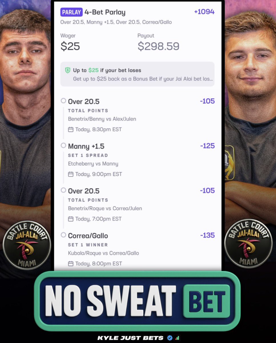 The Jai Alai Friday No Sweat MEGA ⭐️

$50 to SOMEONE WHO LIKES IF WE CASH ❤️

Nothing better than sweating out some Jai Alai on a Friday night. Love these spots 🔥 

Playing on Hard Rock bet per usual. 
Link in comments to tail 👇