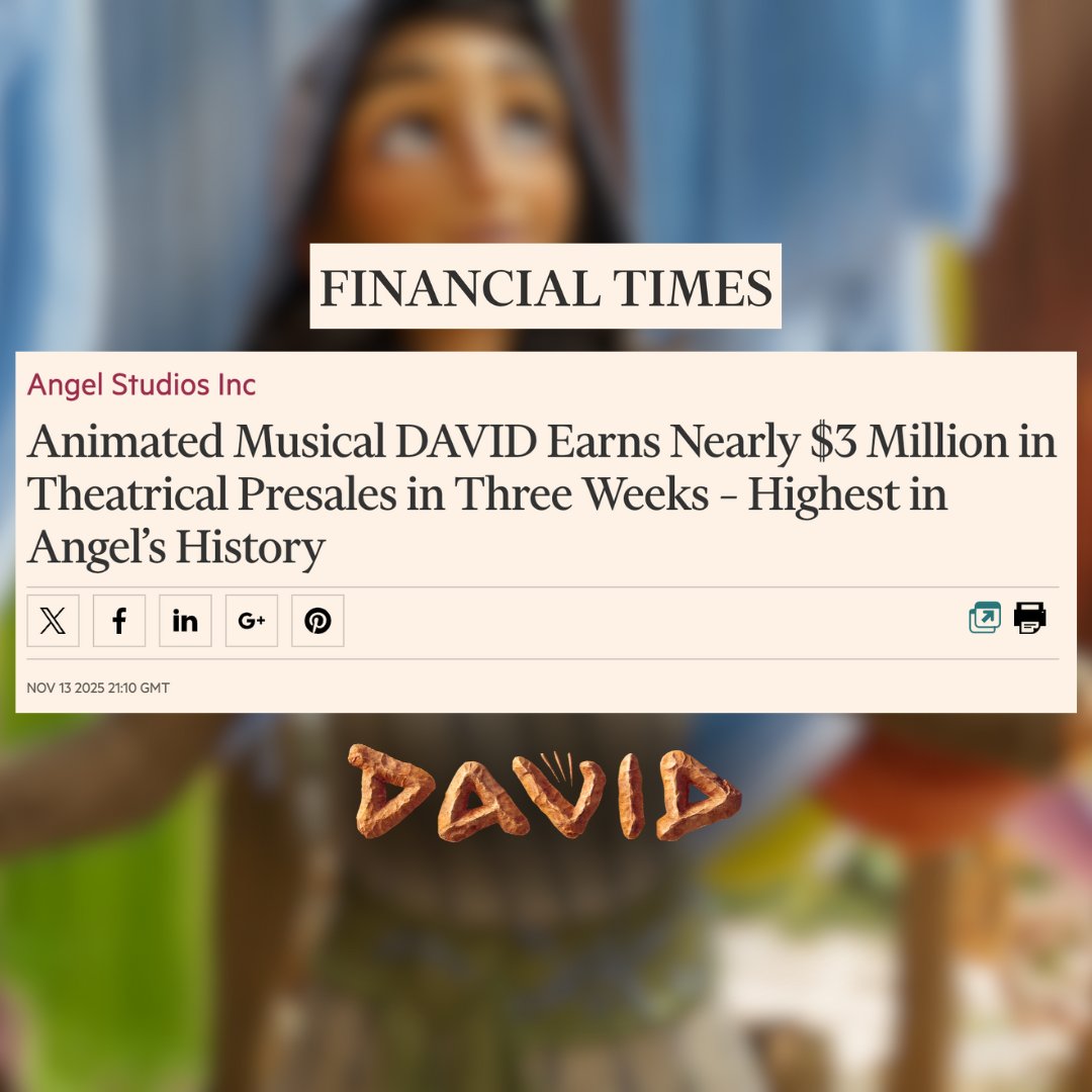AngelStudiosInc's tweet photo. @the_david_movie is already making history! 🎉 With record-breaking presales and massive audience excitement, this animated musical is gearing up for an unforgettable holiday debut. December 19 can’t come soon enough. 👑✨

Read the full article on @FT here: https://t.co/N4uyXvw1xs