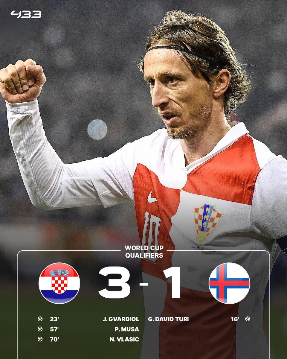 433's tweet image. 🚨 𝐎𝐅𝐅𝐈𝐂𝐈𝐀𝐋: Luka Modrić and Croatia 🇭🇷 have qualified for the 2026 World Cup! 🌎🏆

The 40-year-old will play his 5th World Cup! 🍷

✅ 2006 🇩🇪 
✅ 2010 🇧🇷 
✅ 2014 🇷🇺
✅ 2018 🇶🇦 
✅ 2022 🇨🇦/🇲🇽/🇺🇸