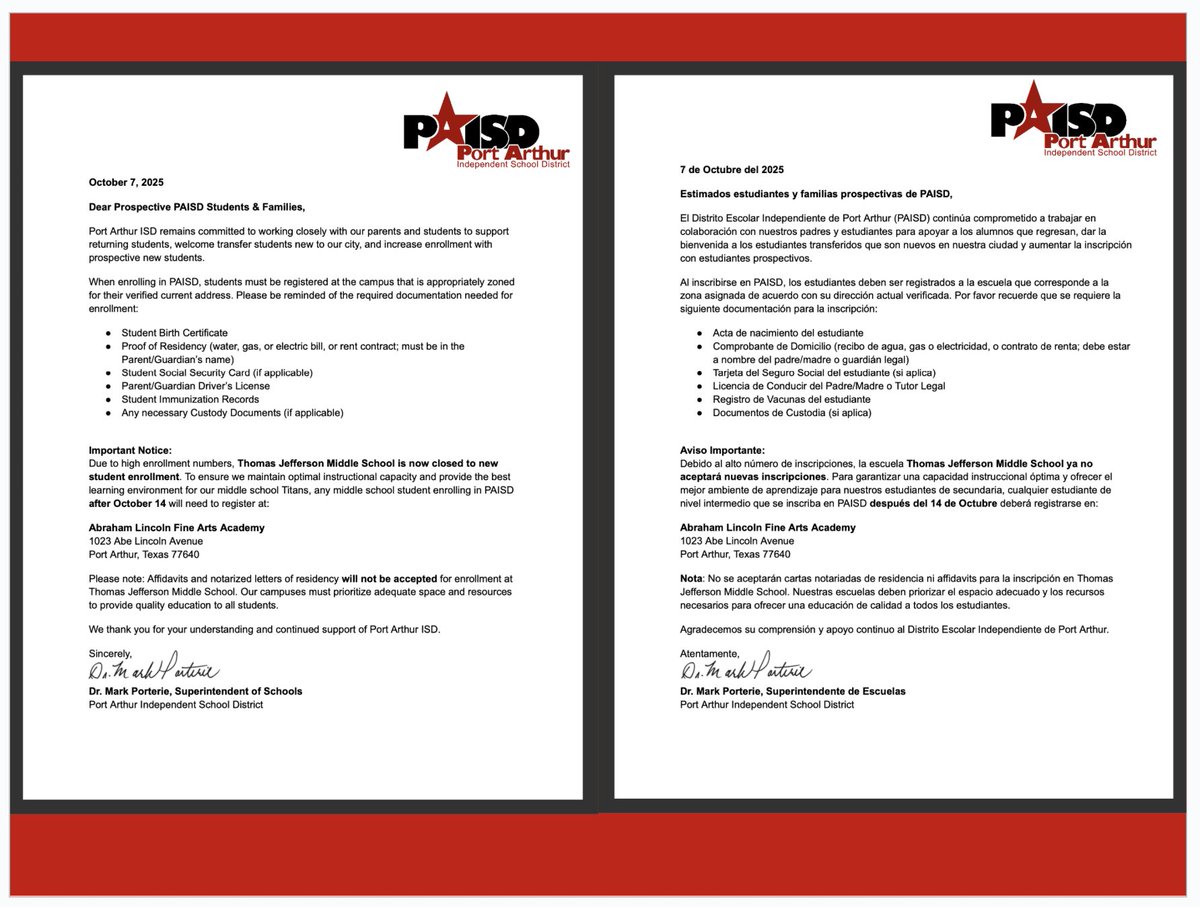 Important Notice:
Due to high enrollment numbers, Thomas Jefferson Middle School is now closed to new student enrollment. Any middle school student enrolling in PAISD after October 14 will need to register at:
Abraham Lincoln Fine Arts Academy
1023 Abe Lincoln Avenue
Port Arthur