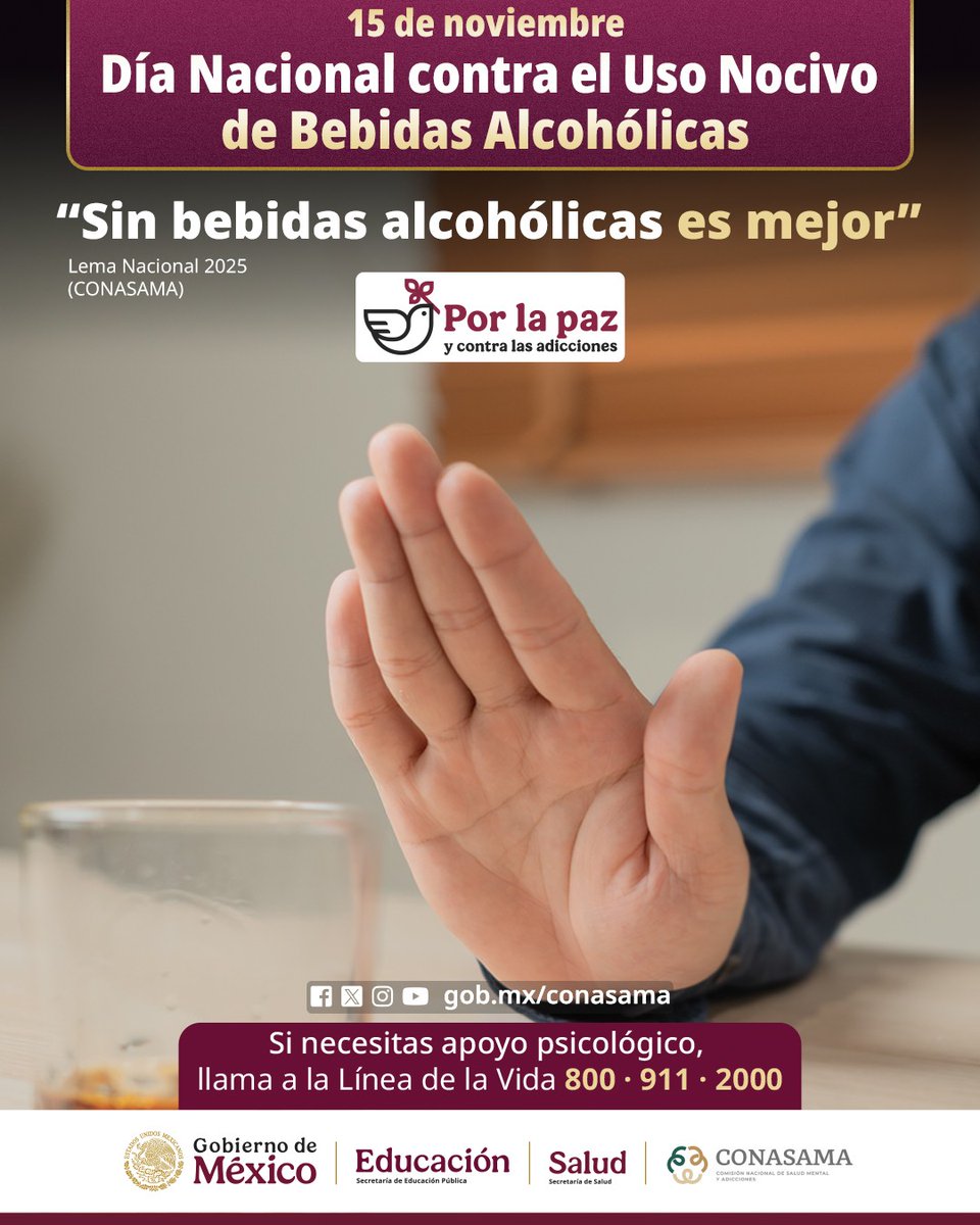 ¡Sin Bebidas Alcohólicas Es Mejor! 
​Prioriza tu bienestar, tu futuro y el de tu familia. ¡Tú tienes el poder de decidir! 
​#DíaNacionalSinAlcohol #ContraLasAdicciones  #EPO181
<a href="/SEP_mx/">SEP México</a> 
<a href="/SSalud_mx/">SALUD México</a> 
<a href="/conasamamx/">CONASAMA</a> 
<a href="/Edomex/">Gobierno del Estado de México</a> 
<a href="/SaludEdomex/">Secretaría de Salud del Estado de México</a> 
<a href="/SeducEdoMex/">Educación, Ciencia, Tecnología e Innovación</a> 
<a href="/SEMSedomex/">SEMS</a> 
<a href="/DGEMSedomex/">DGEMS</a>