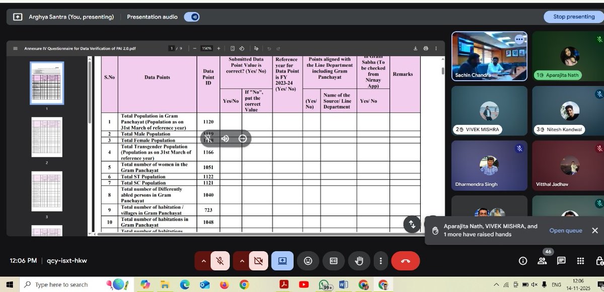 PCMGPCs's tweet image. VC held on 14.11.2025 on the PAI 2.0 Data Validation process led by MoPR Consultant. All PRAs &amp;amp; State Programme Coordinators joined. Discussed all 116 questionnaires, observations, and validation steps for accurate reporting.
#PAI2 #MoPR #DataValidation #PanchayatiRaj