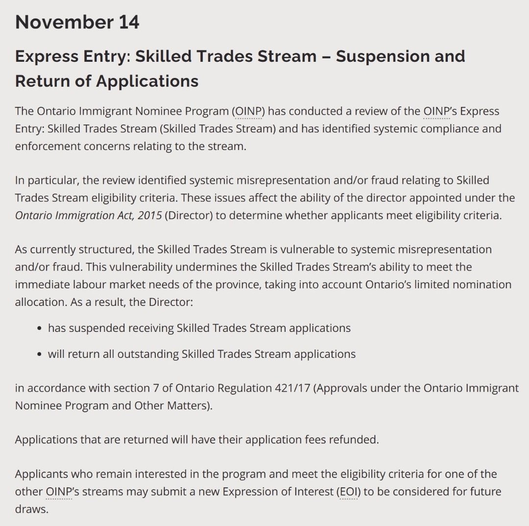 What an unbelievably disappointing move.
OINP has cancelled and returned all Skilled Trades Stream applications. 🤦‍♂️💔

We can’t begin to imagine the impact this will have on the thousands of applicants who’ve been holding on patiently for the last 18 months.