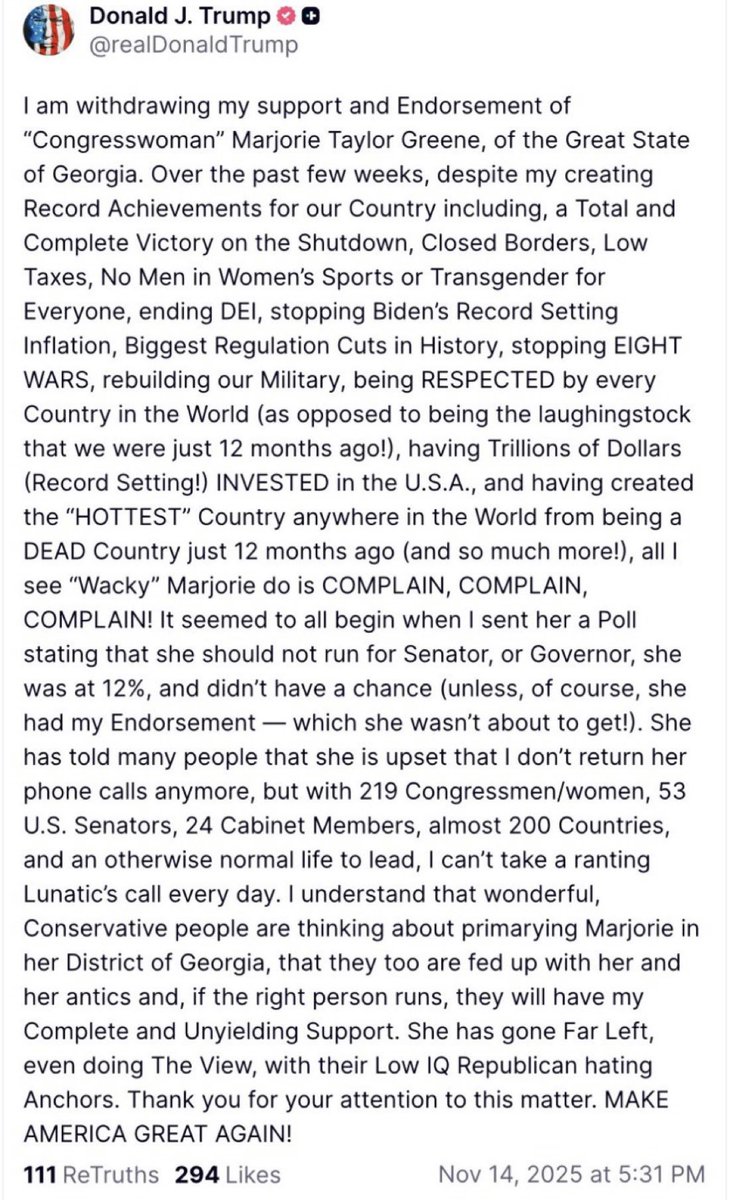 So Trump now attacks <a href="/mtgreenee/">Marjorie Taylor Greene 🇺🇸</a> 

But strongly supports Lindsay Graham 

How mentally retarded do you have to be to believe this is “MAGA”

What a joke this administration has become 

The cowardly “influencers” will acknowledge this privately—but won’t say shit publicly—clowns