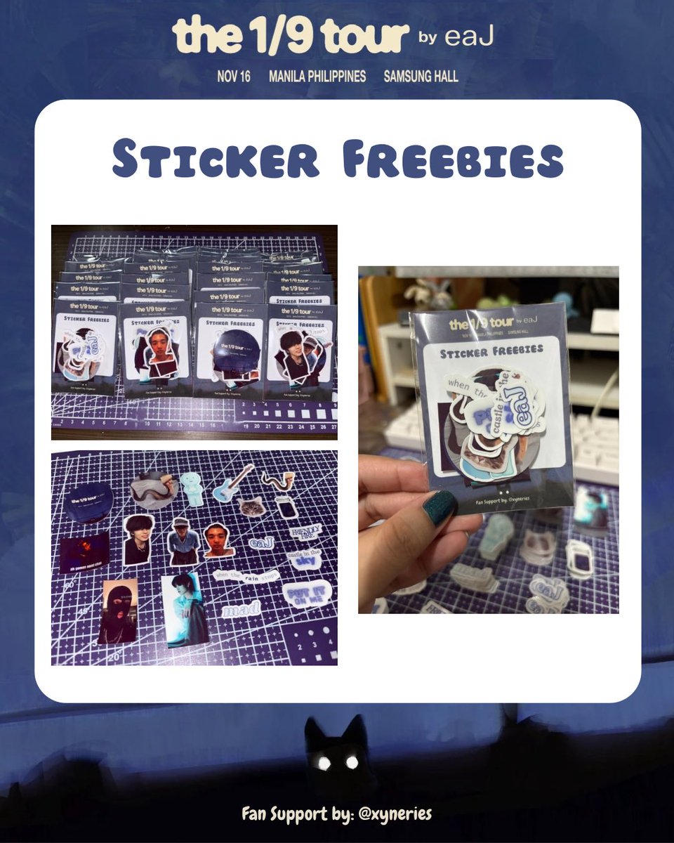 xyneries's tweet image. 🐈‍⬛ the 1/9 tour by eaJ freebies sticker pack ✨ Fan support by: @xyneries 

~A total of 19 random variety stickers inside~

Will be giving this out randomly (very limited) just approach me and say hi! 👋 See you there Jars!! 🤗

#eaJinManila #eaJ #eaJPark 
#the1outof9tourinMANILA