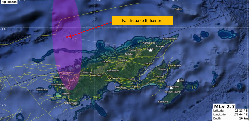 Earthquake Information bulletin issued.
Date: 15/11/2025
Time: 02:18:17 PM
Magnitude: 2.7
Depth: 10 KM
Location: 46km NNW from Nadogo Island.
However, it does not pose any immediate tsunami threat to the Fiji region.