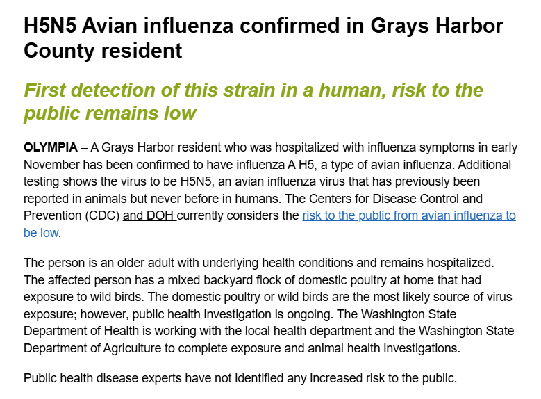 BNOFeed's tweet image. UPDATE: Person infected with bird flu in Washington state has H5N5. It&apos;s the first time H5N5 has been found in a human