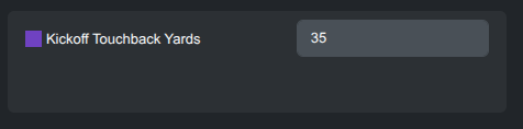 v2025.11.14.1320: New "Kickoff Touchback Yards" setting, with a default value of 35 yards. The likelihood of a touchback is now influenced both by this setting and player ratings, whereas previously all kickers performed the same on kickoffs. Also added various stats for kickoffs