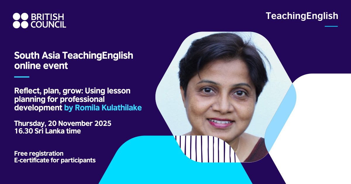 pkBritish's tweet image. Join Romila Kulathilake from Sri Lanka as she reveals how feedback and reflection can transform your teaching! Tune in on 20 Nov for this free live webinar and start growing your skills with real classroom insights. Secure your spot now! 
tinyurl.com/3kyvhbz8
#TeachingEnglish