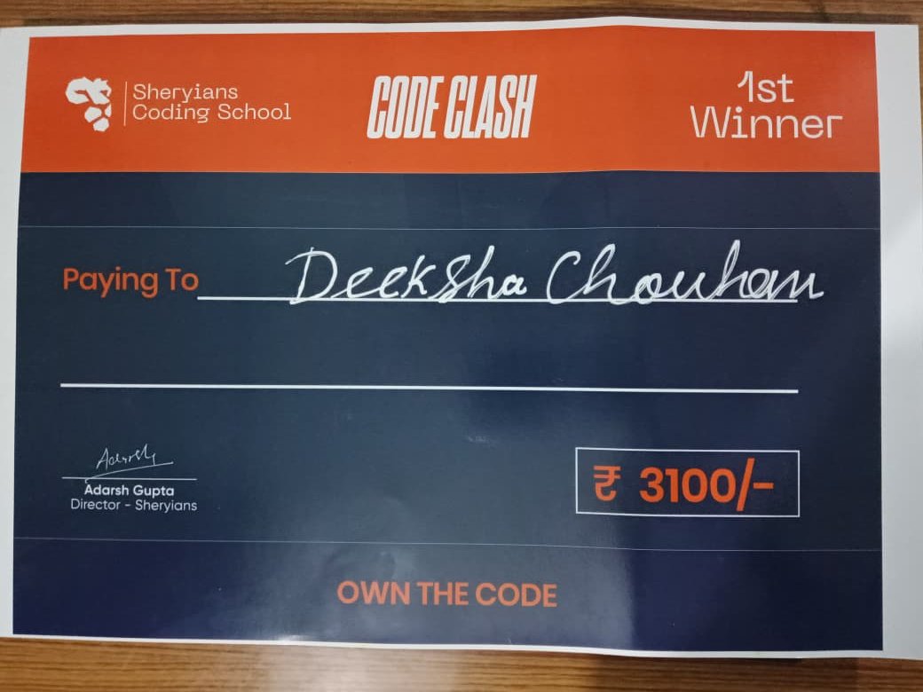 ArjunaCode's tweet image. Won 1st Prize at Code Clash and received ₹3100. Grateful to Sheryians Coding School, especially Sarthak Sharma and Ankur Prajapati, for their guidance. More than the prize, the learning truly mattered. 

@sheryians_  @harshbhaiyaa #fronted