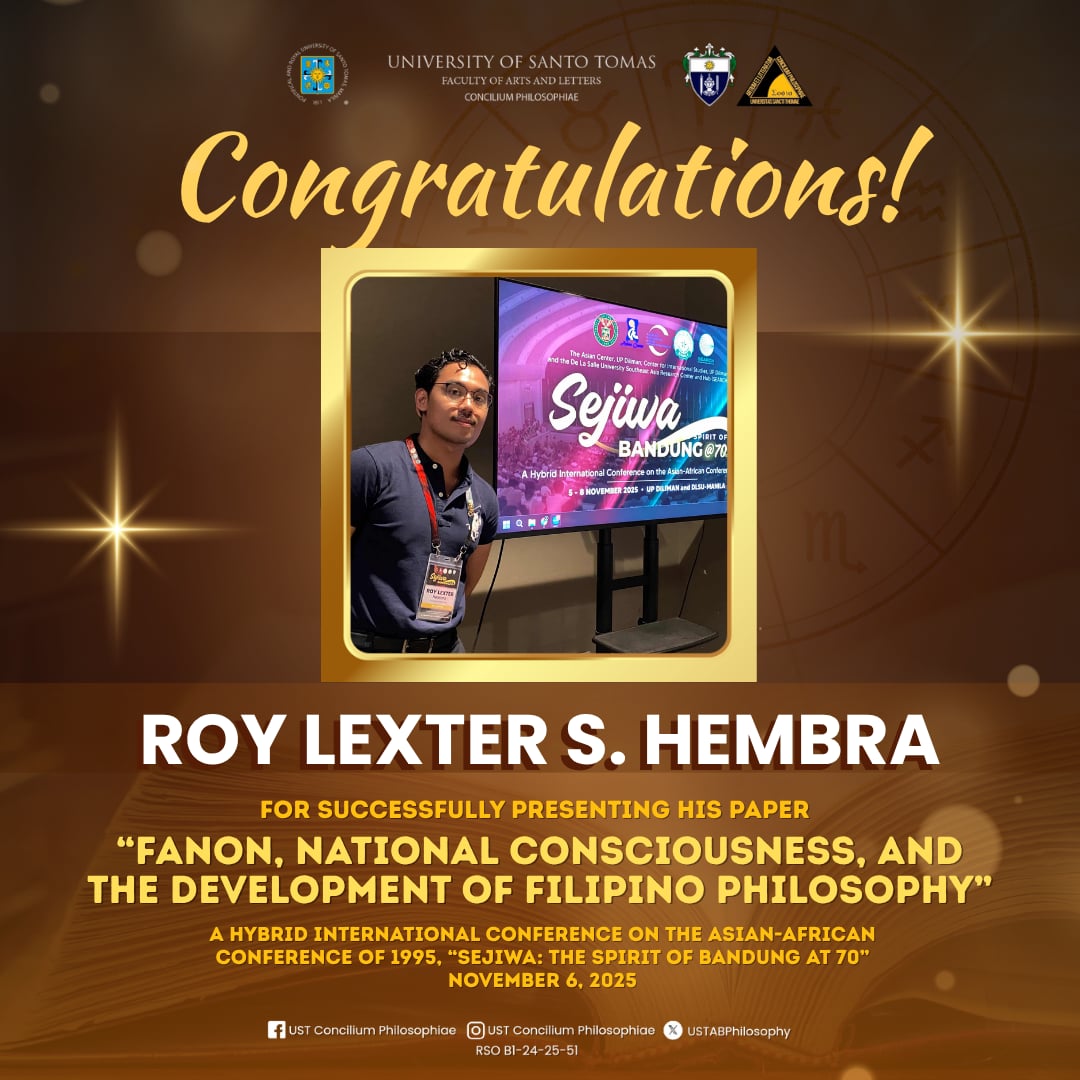 USTABPhilosophy's tweet photo. The UST Concilium Philosophiae alongside with the Department of Philosophy extends it's heartfelt congratulations to 𝐌𝐱. 𝐑𝐨𝐲 𝐋𝐞𝐱𝐭𝐞𝐫 𝐒. 𝐇𝐞𝐦𝐛𝐫𝐚.

Mx. Roy Hembra successfully presented his paper entitled "𝐅𝐚𝐧𝐨𝐧, 𝐍𝐚𝐭𝐢𝐨𝐧𝐚𝐥 𝐂𝐨𝐧𝐬𝐜𝐢𝐨𝐮𝐬𝐧𝐞𝐬𝐬, https://t.co/2ikIrkC9J7