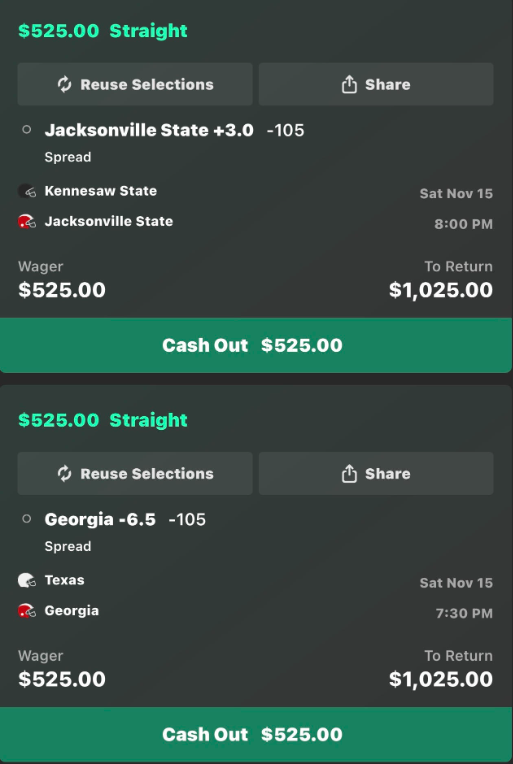 GrindingEddie's tweet photo. Sat Nov 15

CFB:

UAB +18 -107
UCF +23.5 -108
Virginia +3.5 -110
Georgia -6.5 -105
Jacksonville St +3 -105 https://t.co/yhq44tCrZu