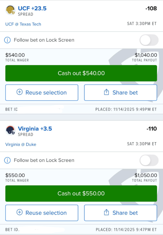 GrindingEddie's tweet photo. Sat Nov 15

CFB:

UAB +18 -107
UCF +23.5 -108
Virginia +3.5 -110
Georgia -6.5 -105
Jacksonville St +3 -105 https://t.co/yhq44tCrZu