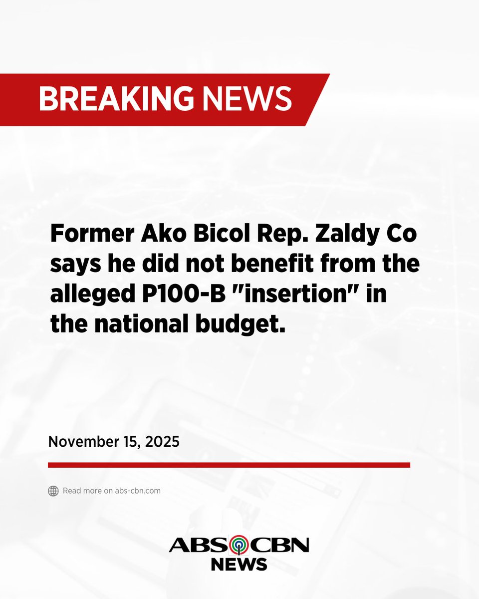 ABSCBNNews's tweet image. BREAKING: Former Ako Bicol Rep. Zaldy Co says he did not benefit from the alleged P100-B &quot;insertion&quot; in the national budget.   

&quot;Walang pera napunta sa akin, lahat ng insertion napunta sa ating Pangulo at Speaker Martin Romualdez,&quot; Co says in the second part of his video…