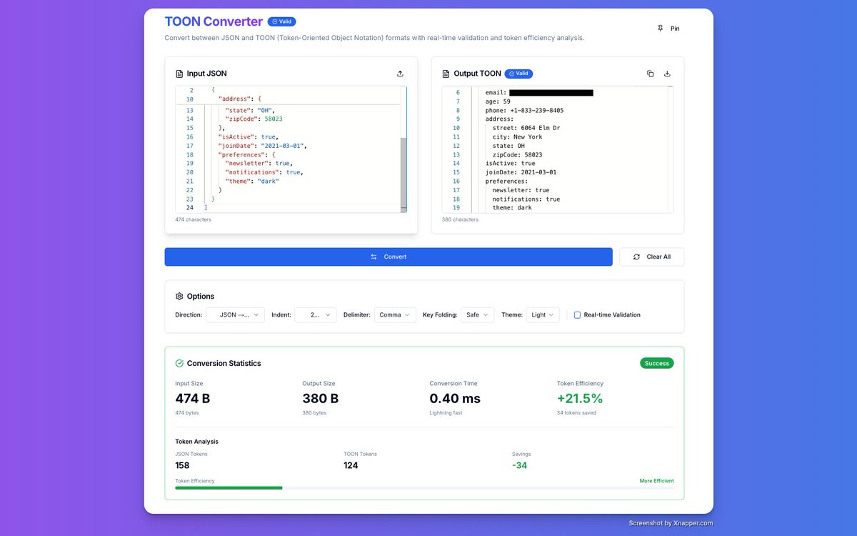 derek_in_tech's tweet image. I tried analyzing how much TOON reduces token size compared to JSON.
- With simple data under 200 characters, it&apos;s around 50%.
- Around 21% for the rest.

It&apos;s enough good to use.

#TOON