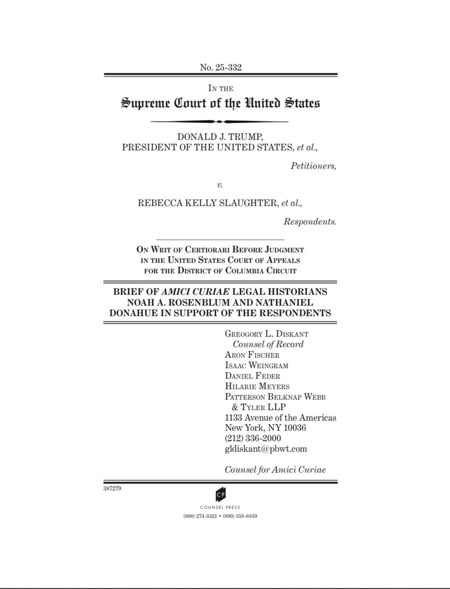 nw_donahue's tweet image. New amicus brief with Noah Rosenblum and the epic team at Patterson Belknap about whether Trump can fire FTC commissioners that responds to several attacks critics make of Humphrey’s Executor, the 1935 SCOTUS case that says Congress can limit the firing of FTC com’rs &amp;amp; others (1/