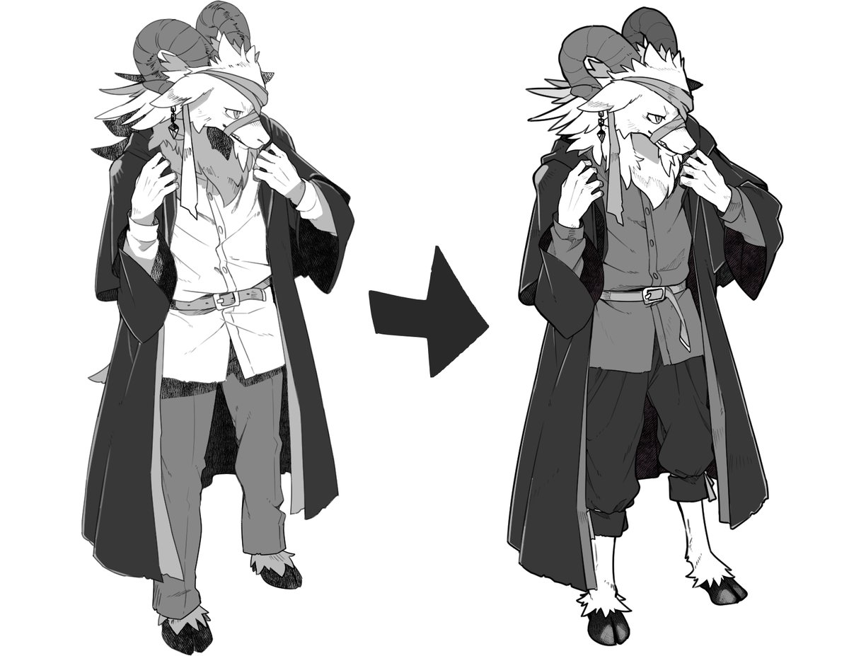 ちなみにこっちは、一旦描いてみて微妙だったので描き直した奴。
左みたいなズボンは、タイト素材とかにしないとケモ足のシルエットがわかりづらいし、つい自分は足太に描いてしまいがちだ…