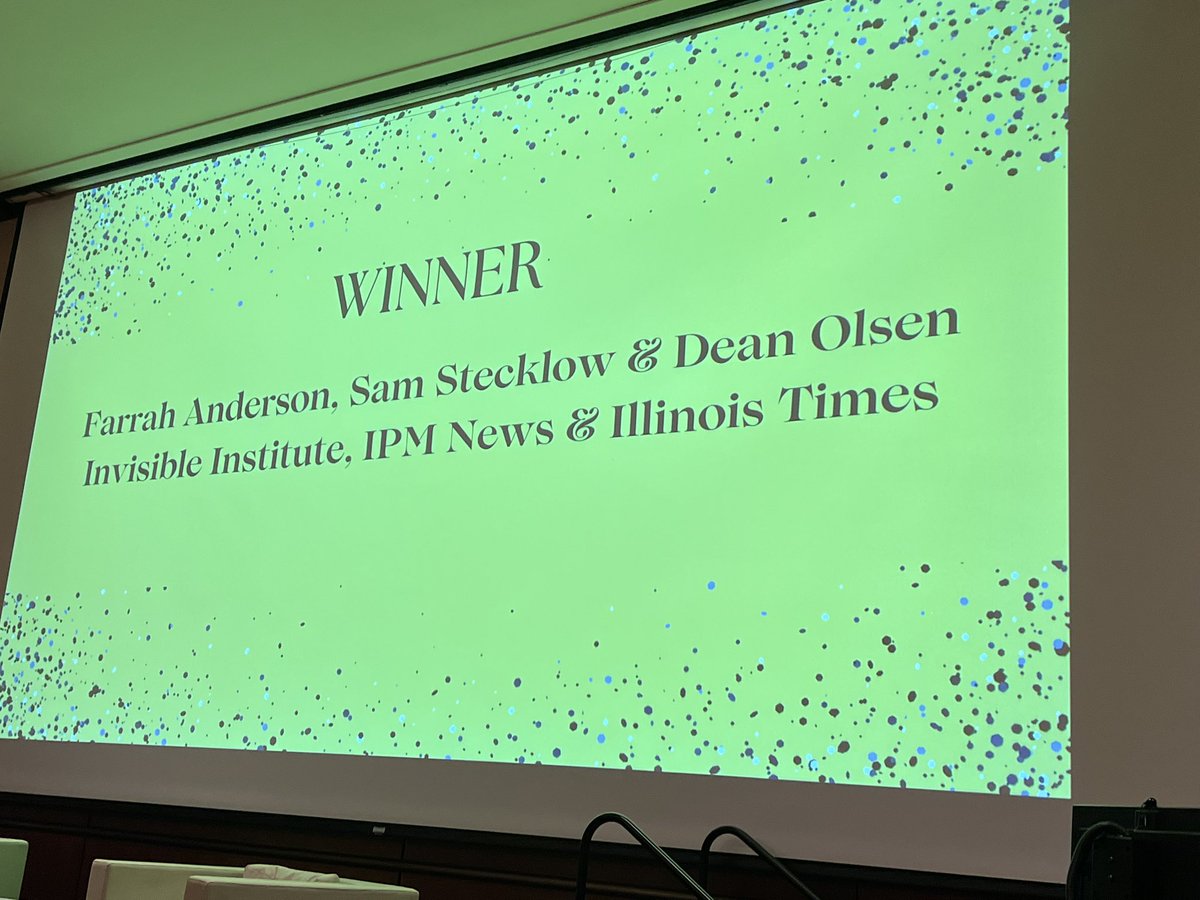 This years first place in collaborations goes to <a href="/farrahsoa/">Farrah Anderson</a>, Sam Stecklow and <a href="/DeanOlsenIT/">Dean Olsen</a>  with <a href="/invinst/">Invisible Institute</a>, IPM News and <a href="/ILTimes/">Illinois Times</a> 

#CJA86 #ChiJournoAwards #SarahBrownBoydenAwards