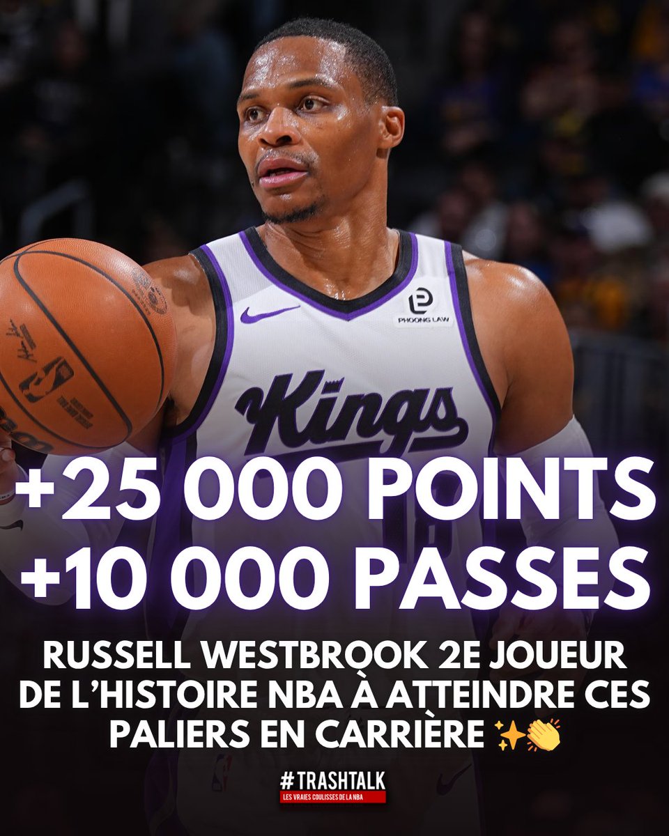 TrashTalk_fr's tweet photo. 🚨 Russell Westbrook est devenu cette nuit le 2e joueur ALL-TIME en NBA à compiler 25 000 points et 10 000 passes en carrière ! 

Il rejoint LeBron James dans ce club très, très fermé... 👏👏👏 https://t.co/ZIABxiV5pw