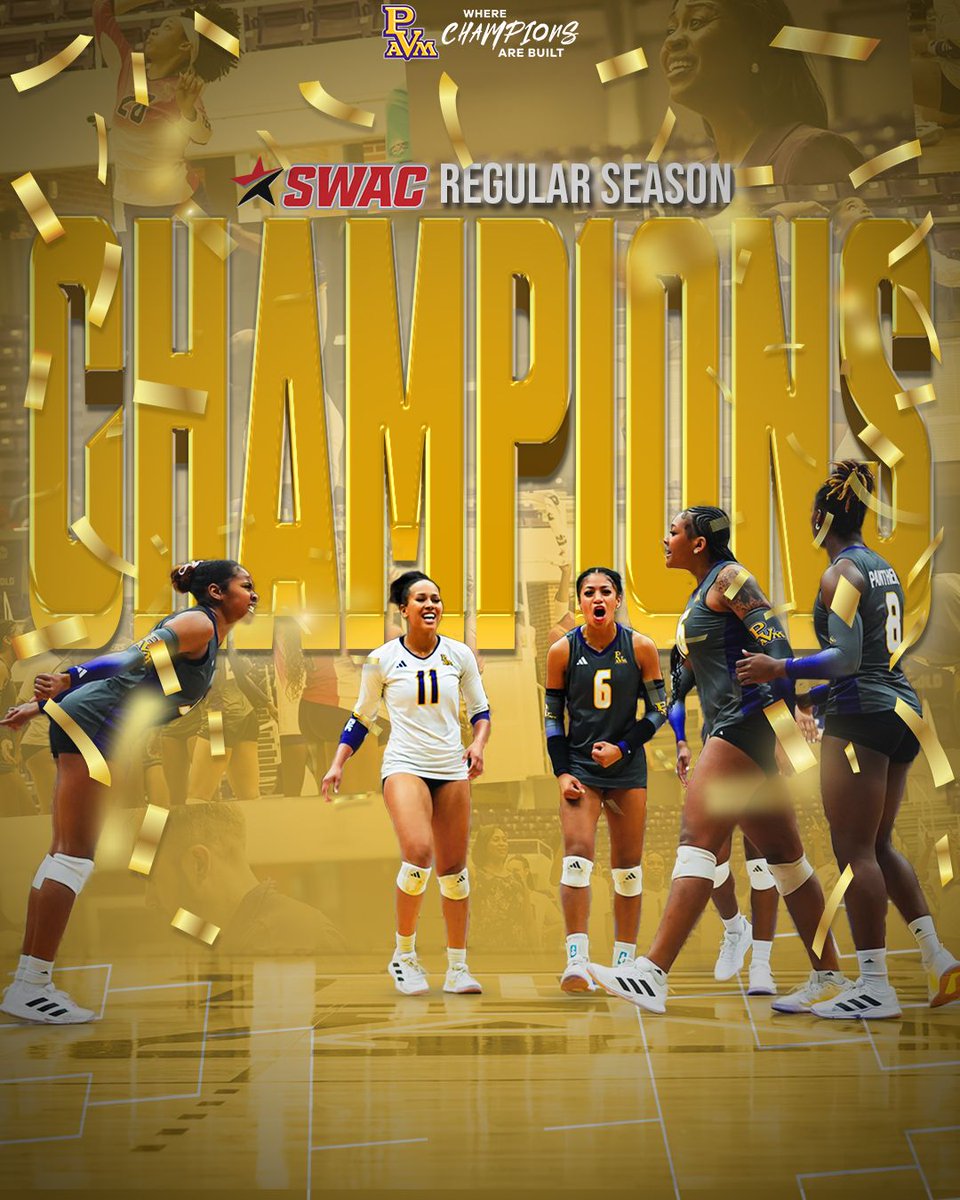 PVAMUVBALL: 🏐 Congrats to Prairie View A&amp;M Women’s Volleyball!
The Lady Panthers have clinched the SWAC Regular Season Championship Title!

Elite play, unstoppable energy, and a championship mindset all season long.

Go Panthers! 💜🖤💛