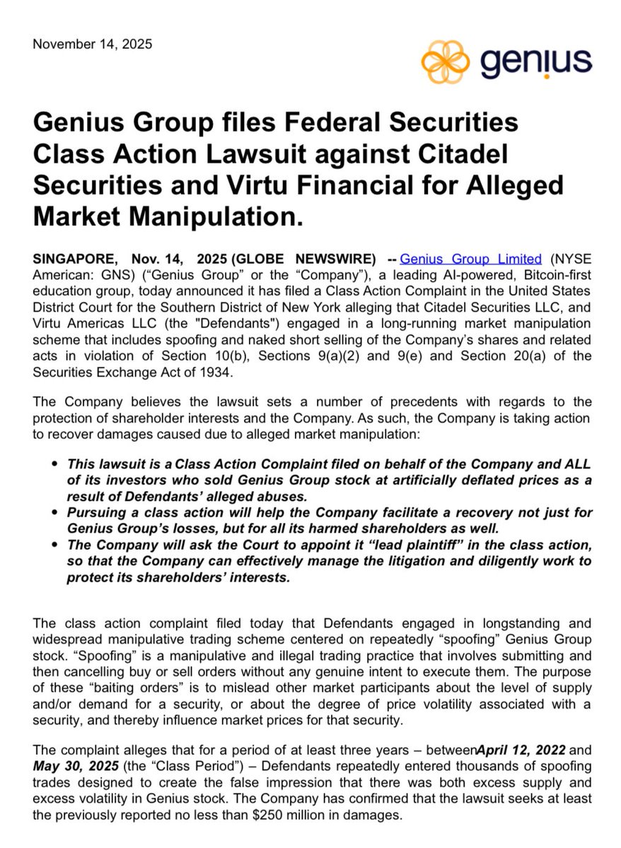 xMarketNews's tweet image. BREAKING 🚨 Public Company Files Precedent-Setting Lawsuit Over Naked Short Selling Against CITADEL 

Genius Group files $250 million lawsuit against Citadel Securities and Virtu Americas, alleging the firms engaged in NAKED SHORTING of $GNS ⬇️
