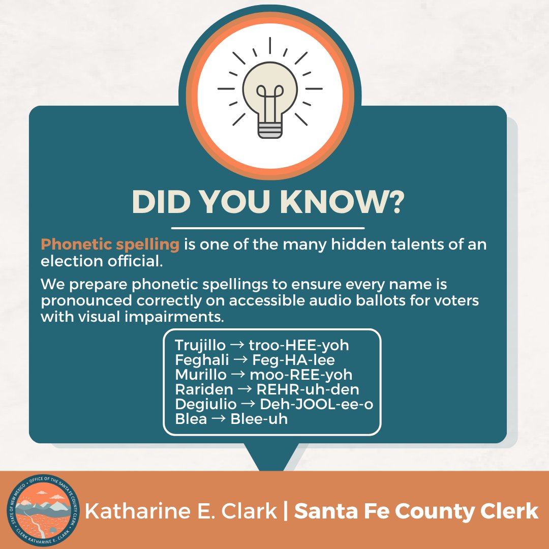 One of the hidden talents of election officials is phonetic spelling!

Ballots are recorded for voters with visual impairments. We prepare ahead by creating a list of phonetic spellings. It’s how we make sure every voter’s name is pronounced clearly and respectfully.