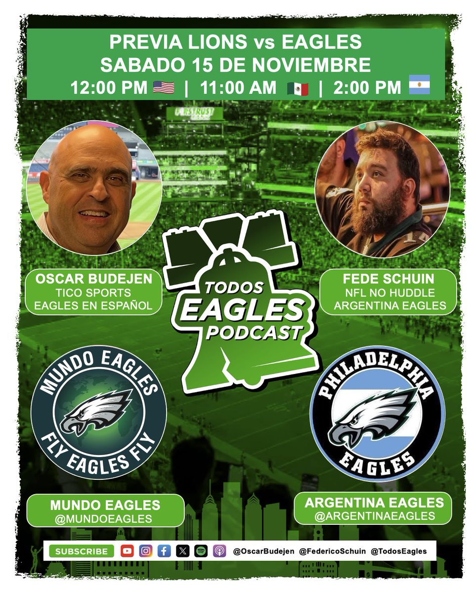 ‼️PREVIA TODOS EAGLES 🦅 WEEK 11‼️
#FlyEaglesFly (7-2) vs #OnePride (6-3)
⏰  SÁBADO 15 NOV: 12 PM 🇺🇸 | 11 AM 🇲🇽
📱💻 EN VIVO X, IG, YouTube, Facebook
🎙️ <a href="/OscarBudejen/">Oscar Budejen</a> -&gt; <a href="/MundoEagles/">Mundo Eagles 🏈</a> 
🎙️ <a href="/FedericoSchuin/">Fede Schuin</a> -&gt; <a href="/ArgentinaEagles/">Philadelphia Eagles Argentina</a> 
#DETvsPHI #Eagles 🦅 #Lions 🦁 #NFL