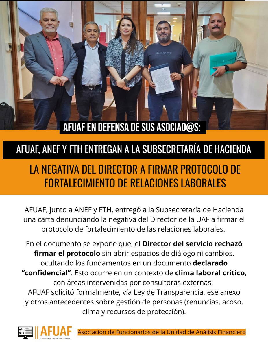 FTH_Chile's tweet image. 🤝 FTH APOYANDO LAS GESTIONES DE AFUAF ANTE LA SUBSECRETARIA DE HACIENDA

🔴 AFUAF ALERTA: CLIMA LABORAL EN CRISIS Y PROTOCOLO RECHAZADO

Seguiremos insistiendo en más transparencia, más diálogo y condiciones laborales dignas para todas y todos.

@anefchile