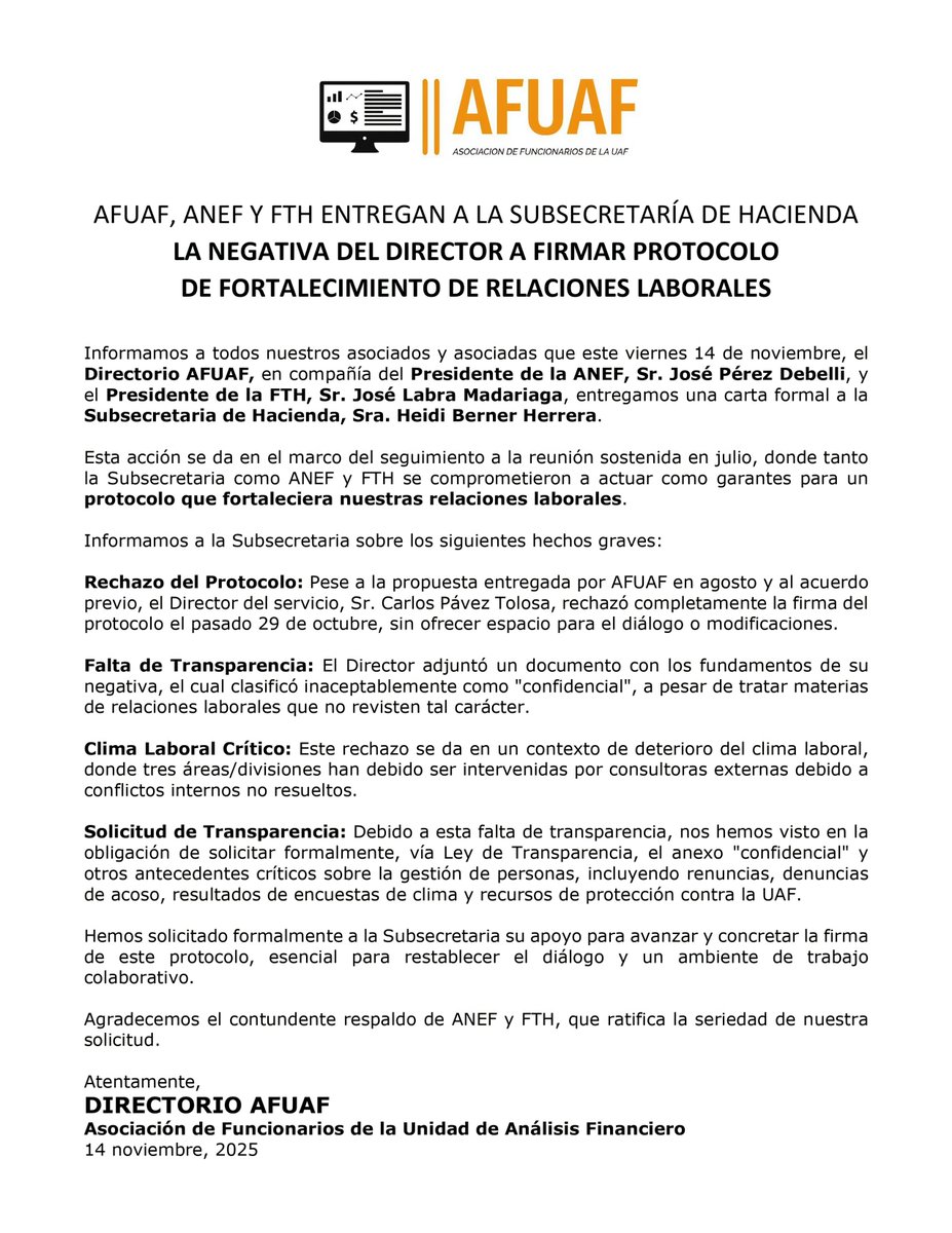 FTH_Chile's tweet image. 🤝 FTH APOYANDO LAS GESTIONES DE AFUAF ANTE LA SUBSECRETARIA DE HACIENDA

🔴 AFUAF ALERTA: CLIMA LABORAL EN CRISIS Y PROTOCOLO RECHAZADO

Seguiremos insistiendo en más transparencia, más diálogo y condiciones laborales dignas para todas y todos.

@anefchile