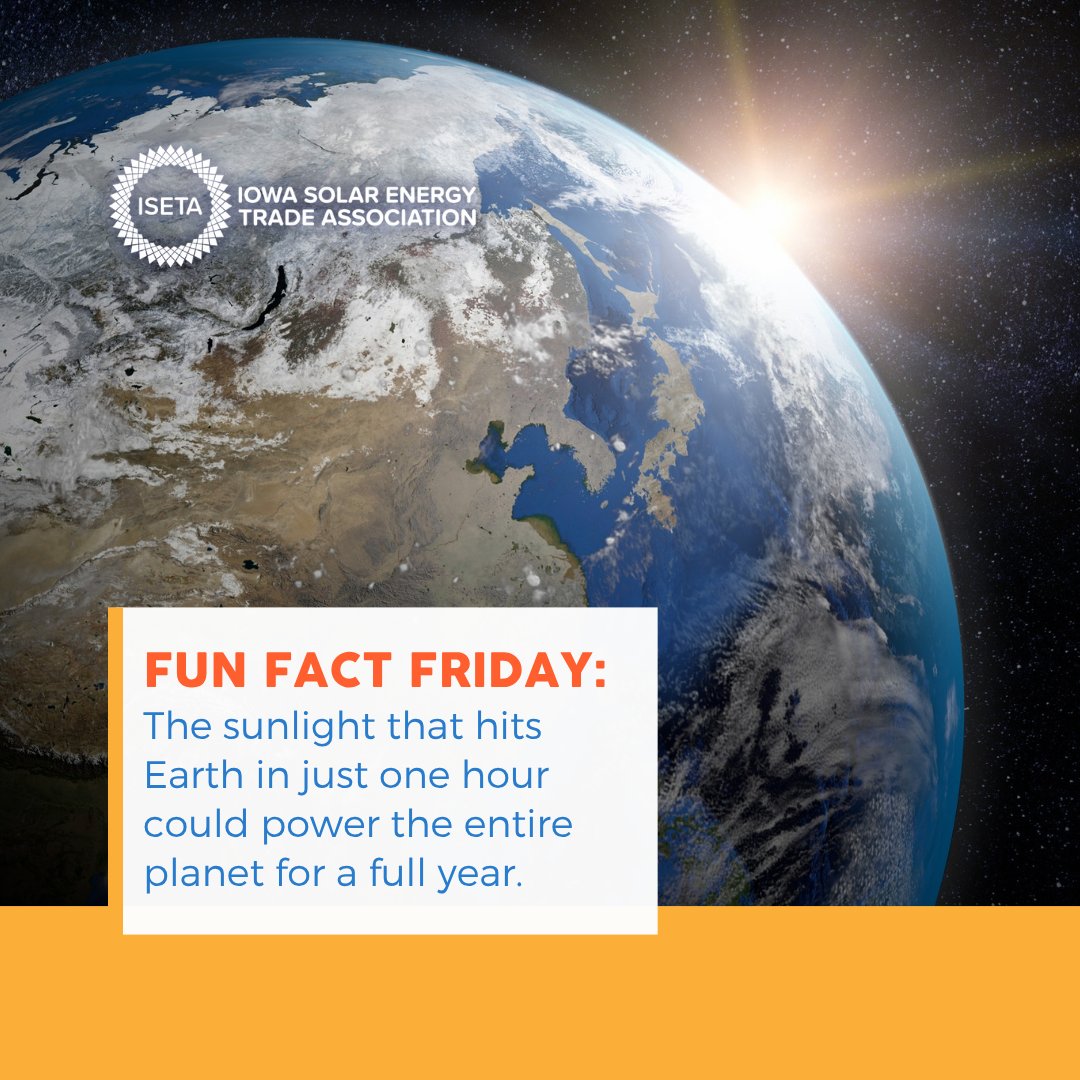 iowasolarenergy's tweet image. Fun Fact Friday: The sunlight that hits Earth in just one hour could power the entire planet for a full year. Imagine what we could do if we captured even a fraction of it. Solar isn’t just an energy source, it’s the biggest opportunity we have.

#SolarEnergy #FunFactFriday