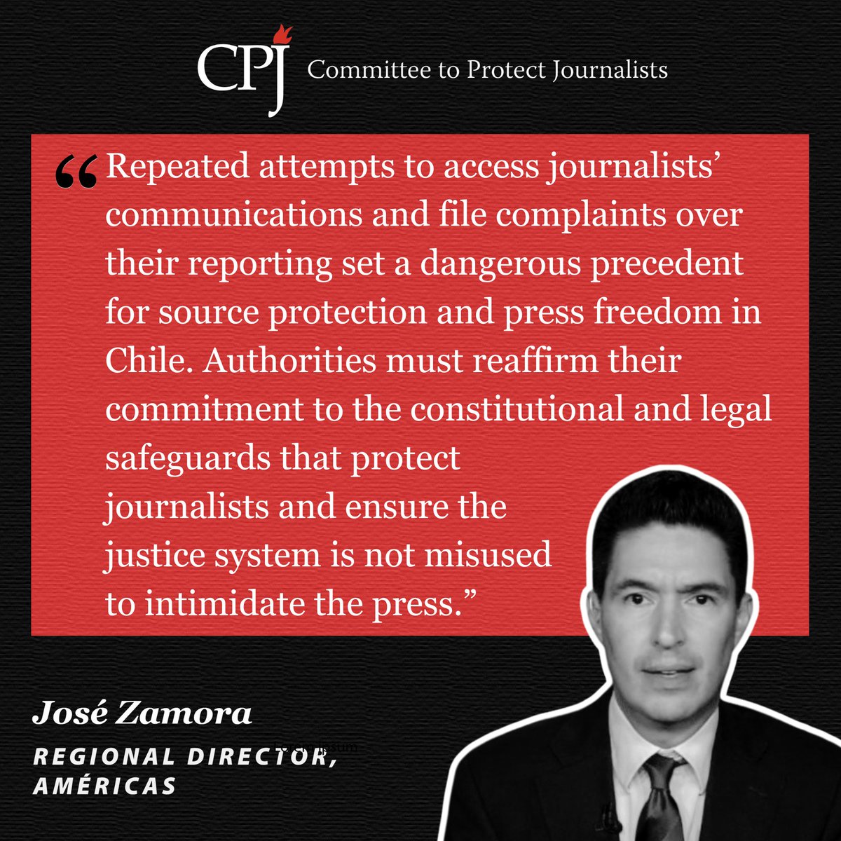 CPJAmericas's tweet photo. #Chile "Repeated attempts to access journalists’ communications or to file complaints over their reporting set a dangerous precedent for source protection and press freedom in Chile,” said Jose Zamora, CPJ’s Americas regional director. “Authorities must reaffirm their commitment to the constitutional and legal safeguards that protect journalists and ensure the justice system is not misused to intimidate the press." RE: https://t.co/Id42WcAcdc