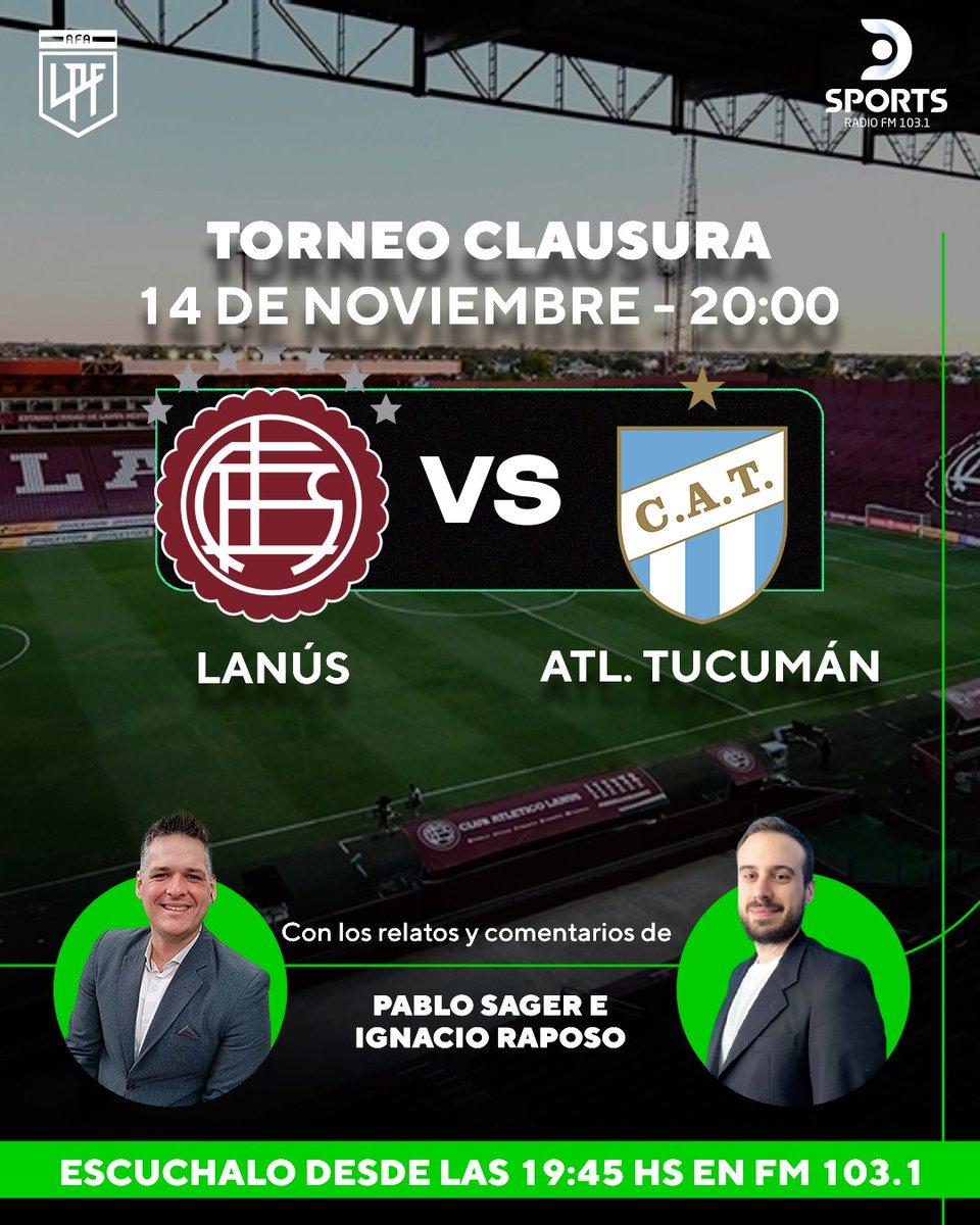 Arrancamos la última fecha del #TorneoClausura en <a href="/DSportsRadio/">DSports Radio 103.1 FM</a> 103.1 
#Lanus #AtleticoTucuman
Junto a <a href="/Relatasager/">PabloSager🎙🐜⚽️🐎</a> <a href="/PochoRaposo/">Ignacio Raposo ⭐️⭐️⭐️</a> <a href="/leo_orieta1/">Leo Orieta</a> y <a href="/EstebanSassi/">esteban sassi</a>
