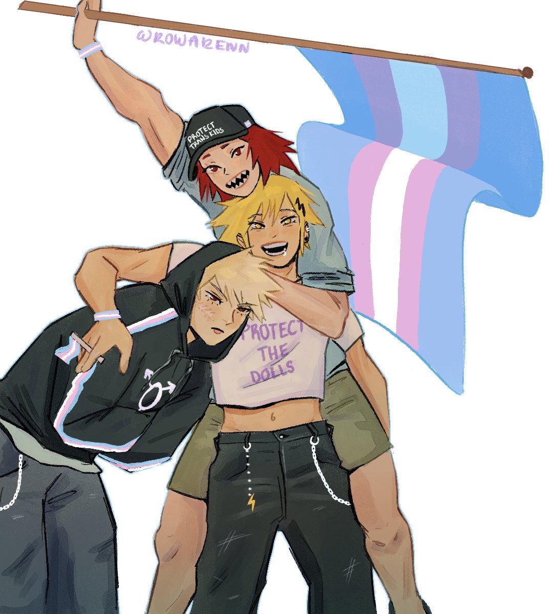 rowarenn's tweet image. pro heroes dynamight, red riot and chargebolt for #transawarenessweek #katsukibakugou #eijiroukirishima #denkikaminari 💥❤️⚡️