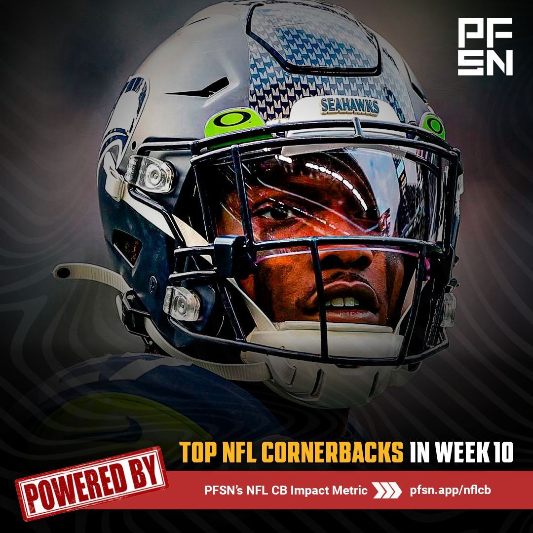 The top NFL cornerbacks in Week 10, according to PFSN's CB Impact Metric ⤵

86.3 | Tariq Woolen, Seahawks
85.4 | Devon Witherspoon, Seahawks
84.6 | Joey Porter Jr., Steelers
84.1 | Quinyon Mitchell, Eagles
81.9 | Kamari Lassiter, Texans
81.2 | Sauce Gardner, Colts
81.1 | Mike