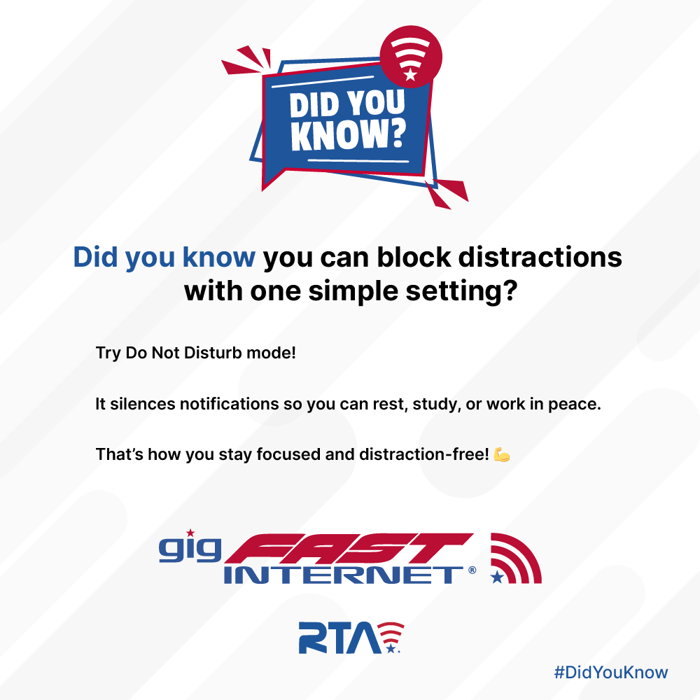 rta4usa's tweet image. Now you know how to focus without interruptions! ✅
👉 See more on rtatel.com
#TechTip #StayConnected #gigFASTINTERNET #RTA #DidYouKnow